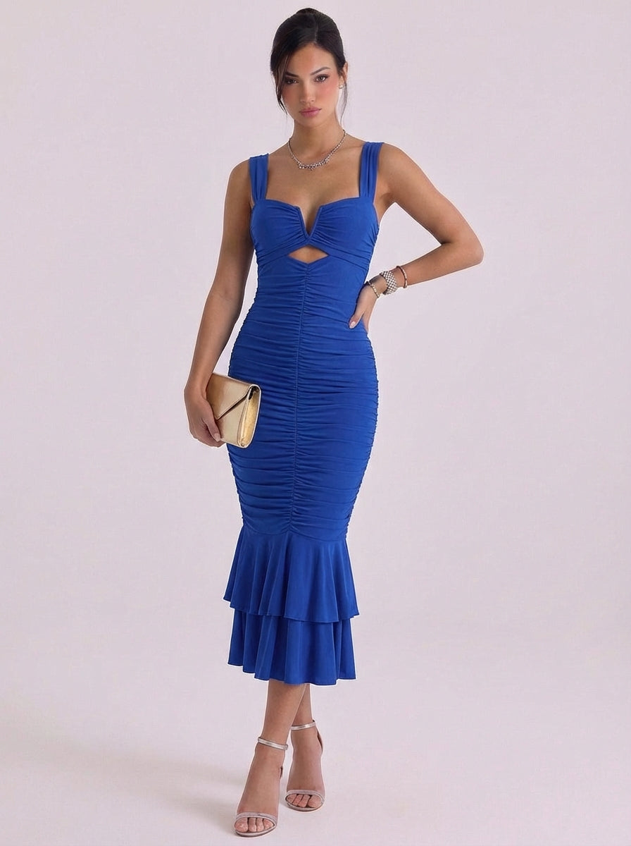 Sophia | Mesh Ruched Mermaid Midi Dress With Tiered Hem