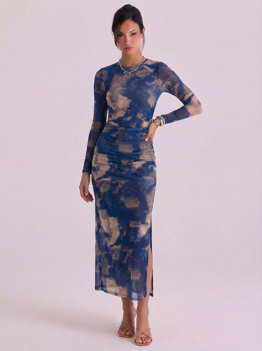 Zoe | Mesh Tie Dye Midi Dress With High-Slit