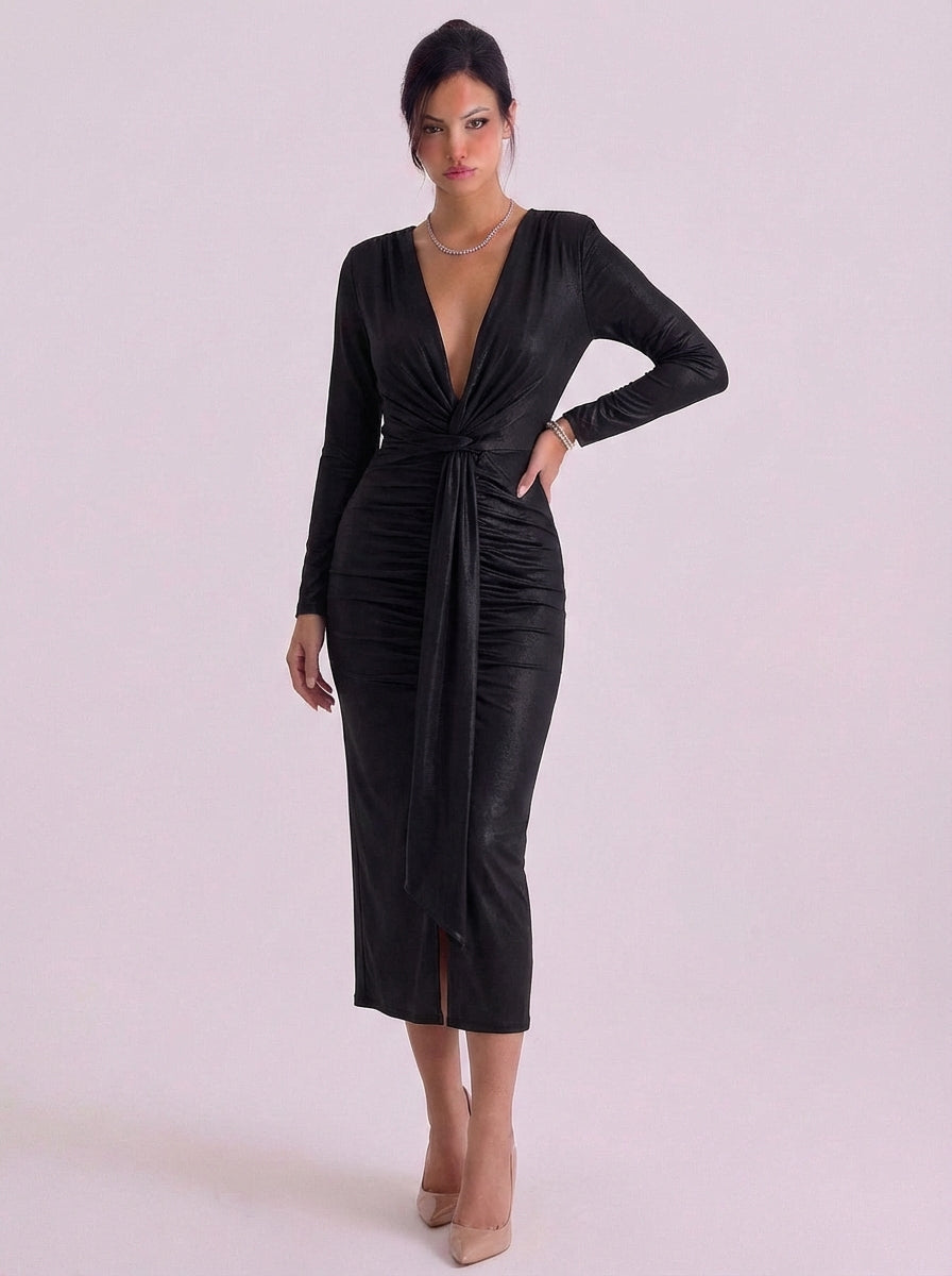 Sophie | Metallic Jersey Wrap Midi Dress With Tie Front