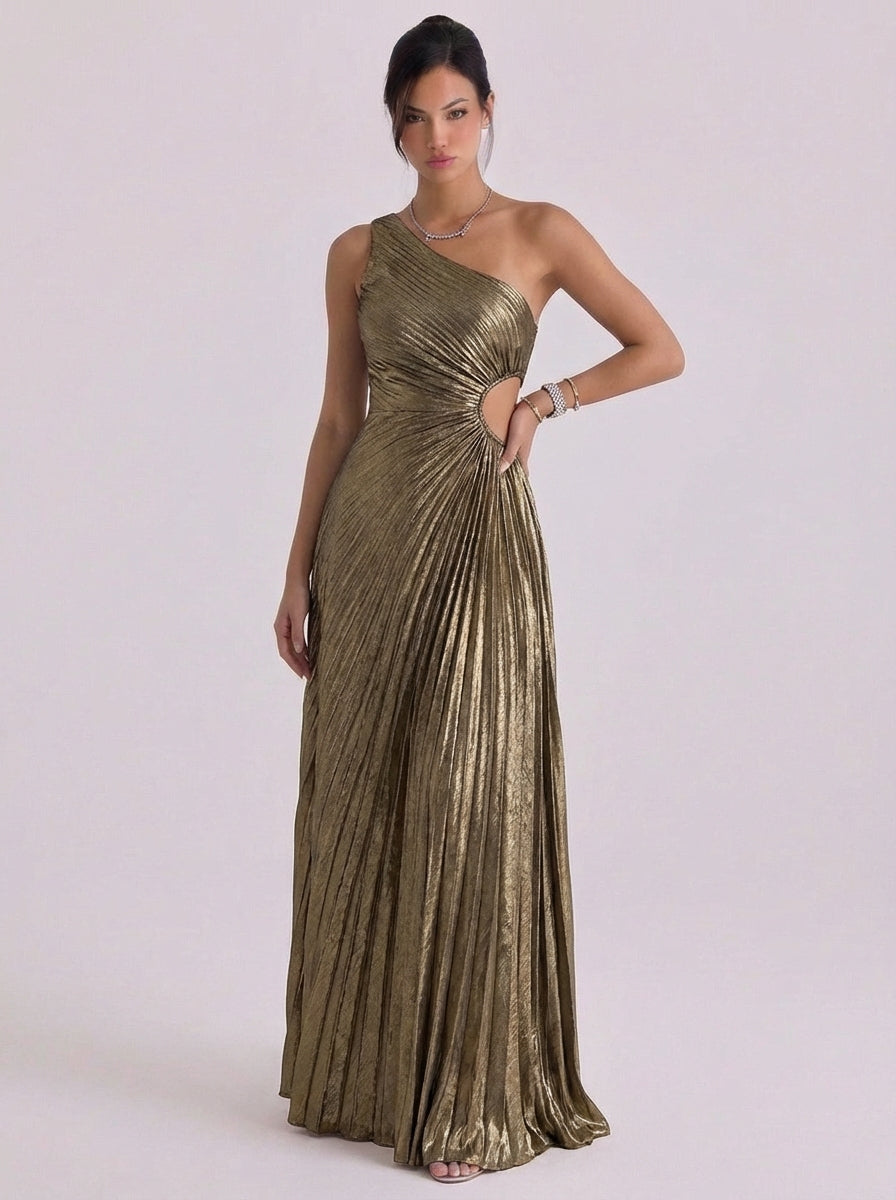 Kirsty | Metallic Pleated One-Shoulder Gown Gathered Waist