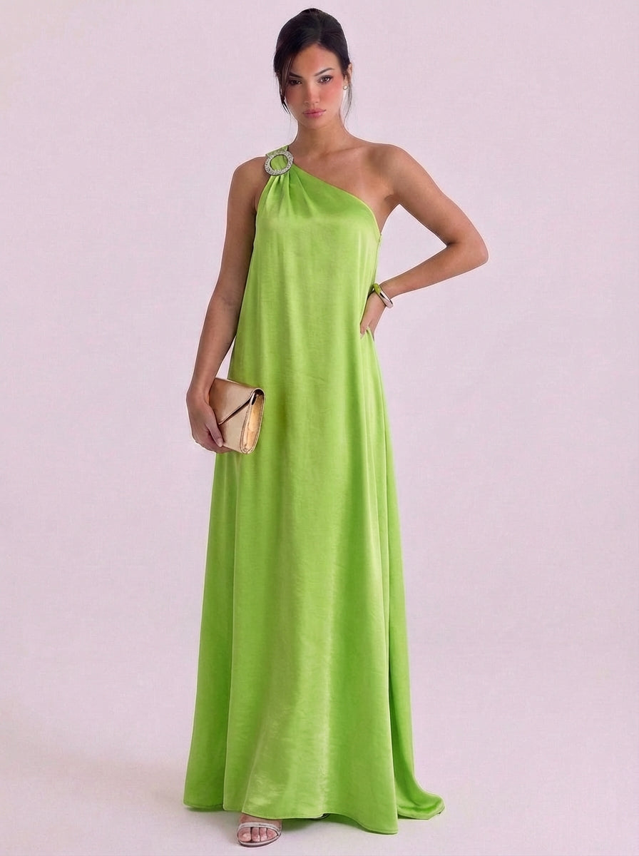 Lauren | Satin Crystal Brooch One-Shoulder Gown Floor Length