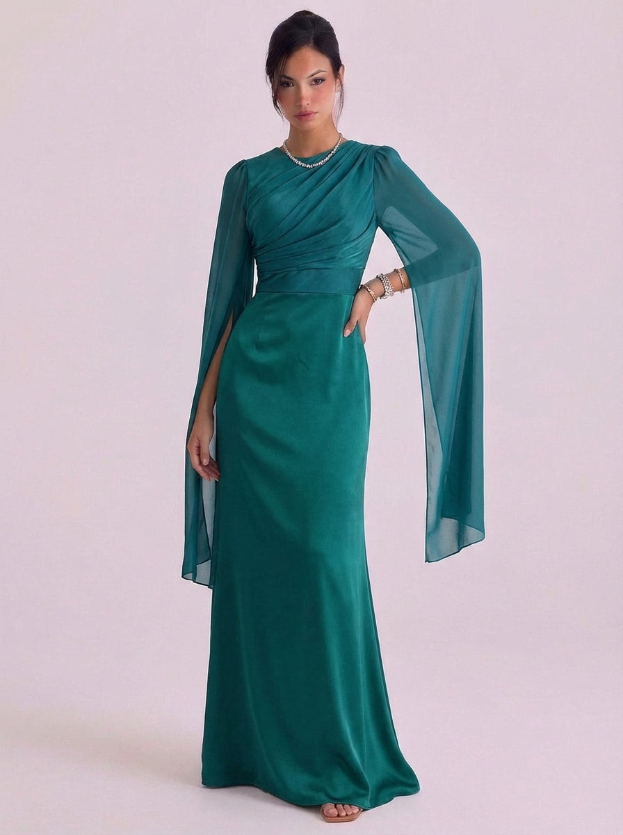 Isabella | Satin Bell Sleeve Gown Floor Length Fitted