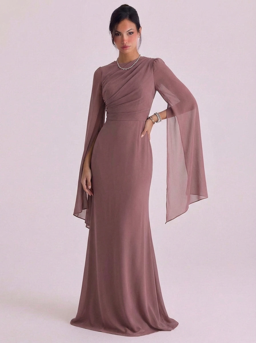 Isabella | Satin Bell Sleeve Gown Floor Length Fitted