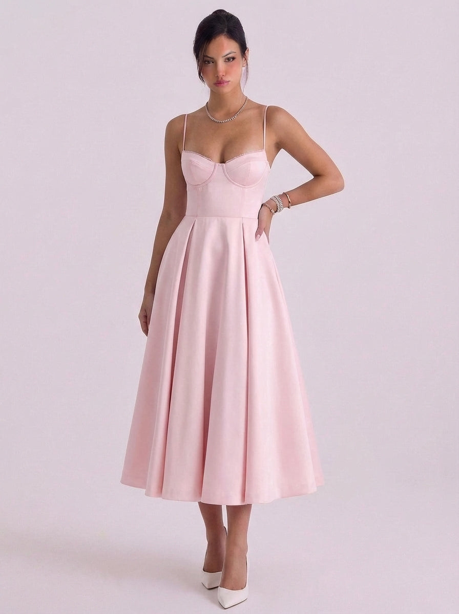 Willow | Satin Corset Bodice Midi Dress With Tulle Underskirt