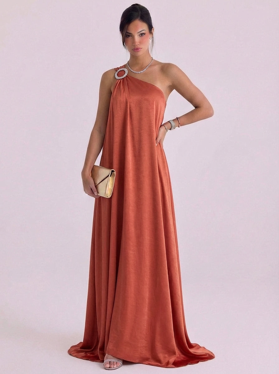 Nicola | Satin Crystal Brooch One-Shoulder Gown Floor Length