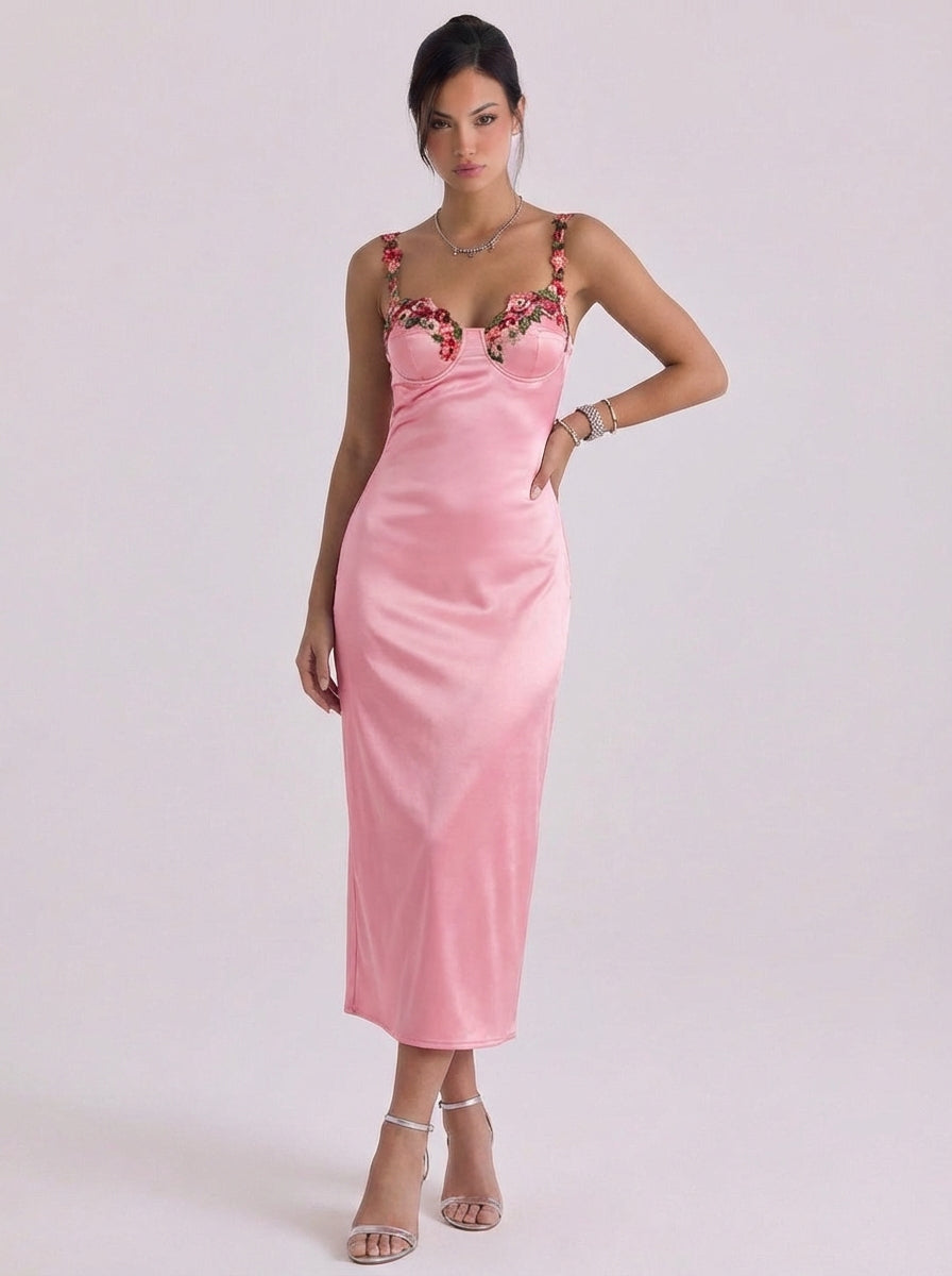 Yasmin | Satin Floral Appliqu Slip Midi Dress