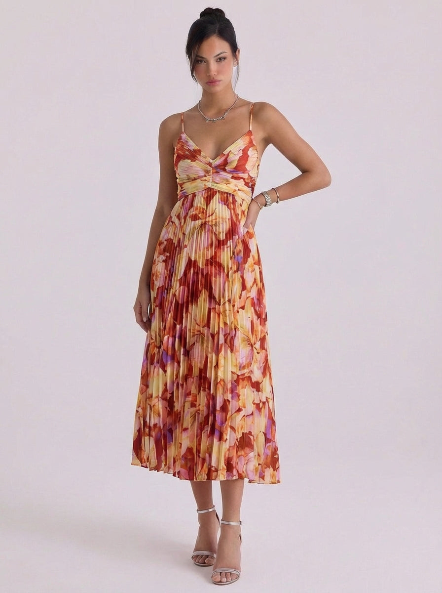 Stella | Satin Floral Print Pleated Midi Dress