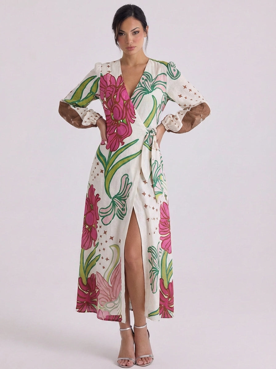 Uma | Satin Floral Print Wrap Midi Dress With Puff