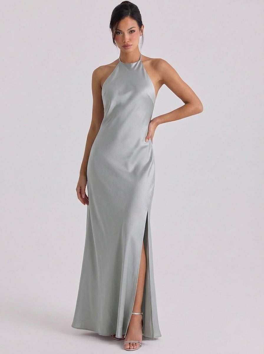 Ellie | Satin Halter Neck Gown Floor Length Side Slit
