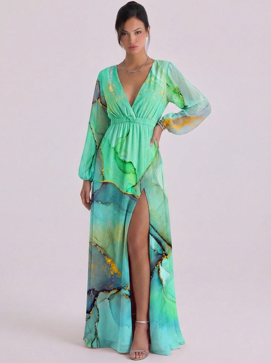 Jade | Satin Marble Print Deep V Maxi Dress Balloon Sleeve High-Slit