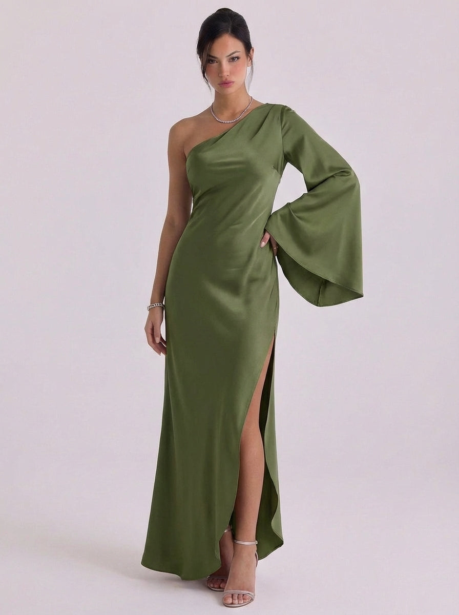 Tara | Satin One-Shoulder Bell Sleeve Gown High-Slit