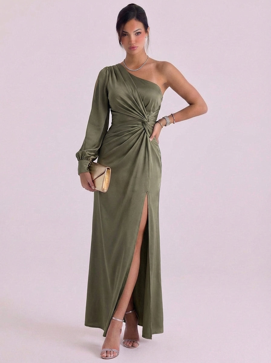 Kate | Satin One-Shoulder Long-Sleeve Gown Floor Length
