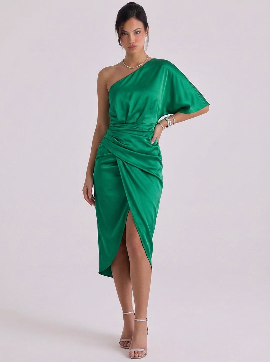 Alexia | Satin One-Shoulder Midi Dress With Draped Detail