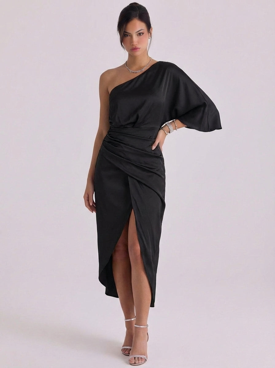 Alexia | Satin One-Shoulder Midi Dress With Draped Detail