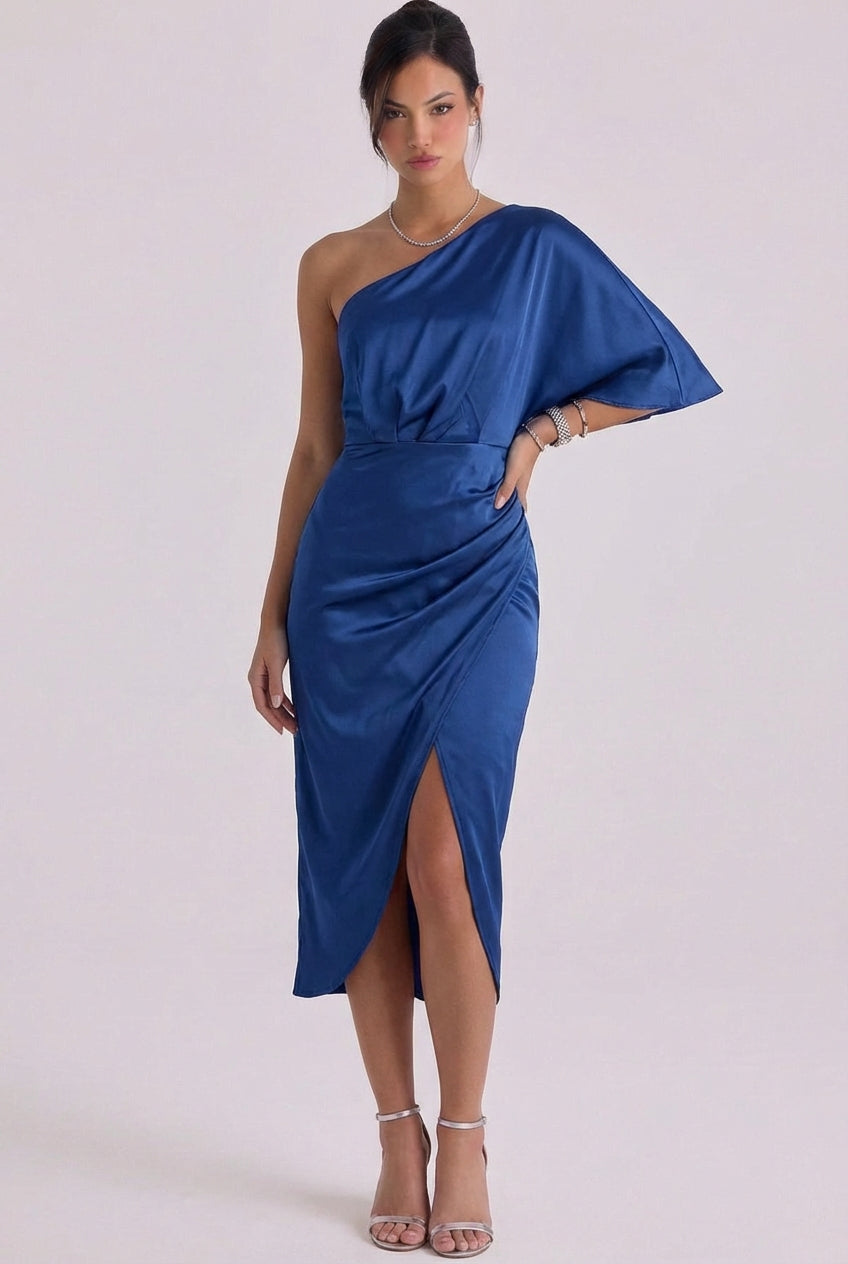 Alexia | Satin One-Shoulder Midi Dress With Draped Detail