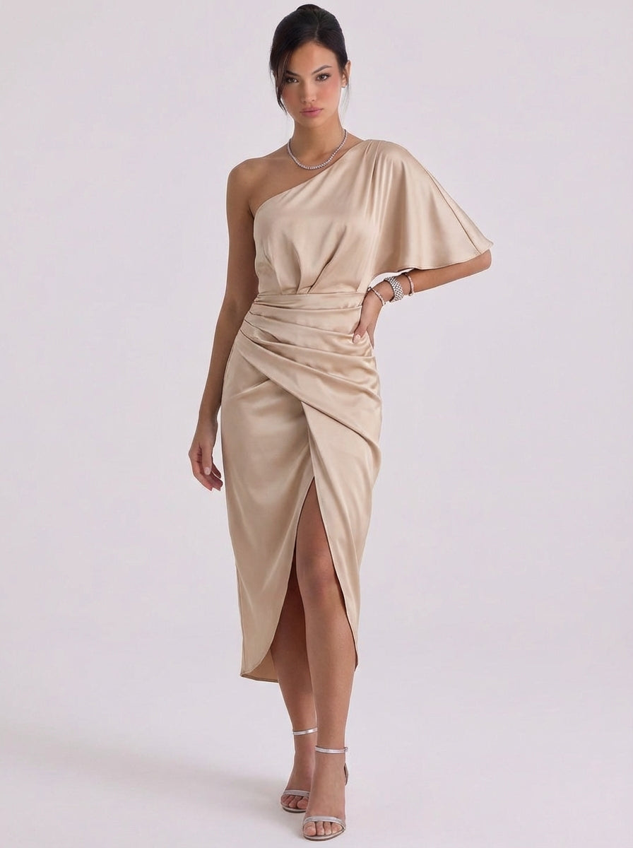 Alexia | Satin One-Shoulder Midi Dress With Draped Detail