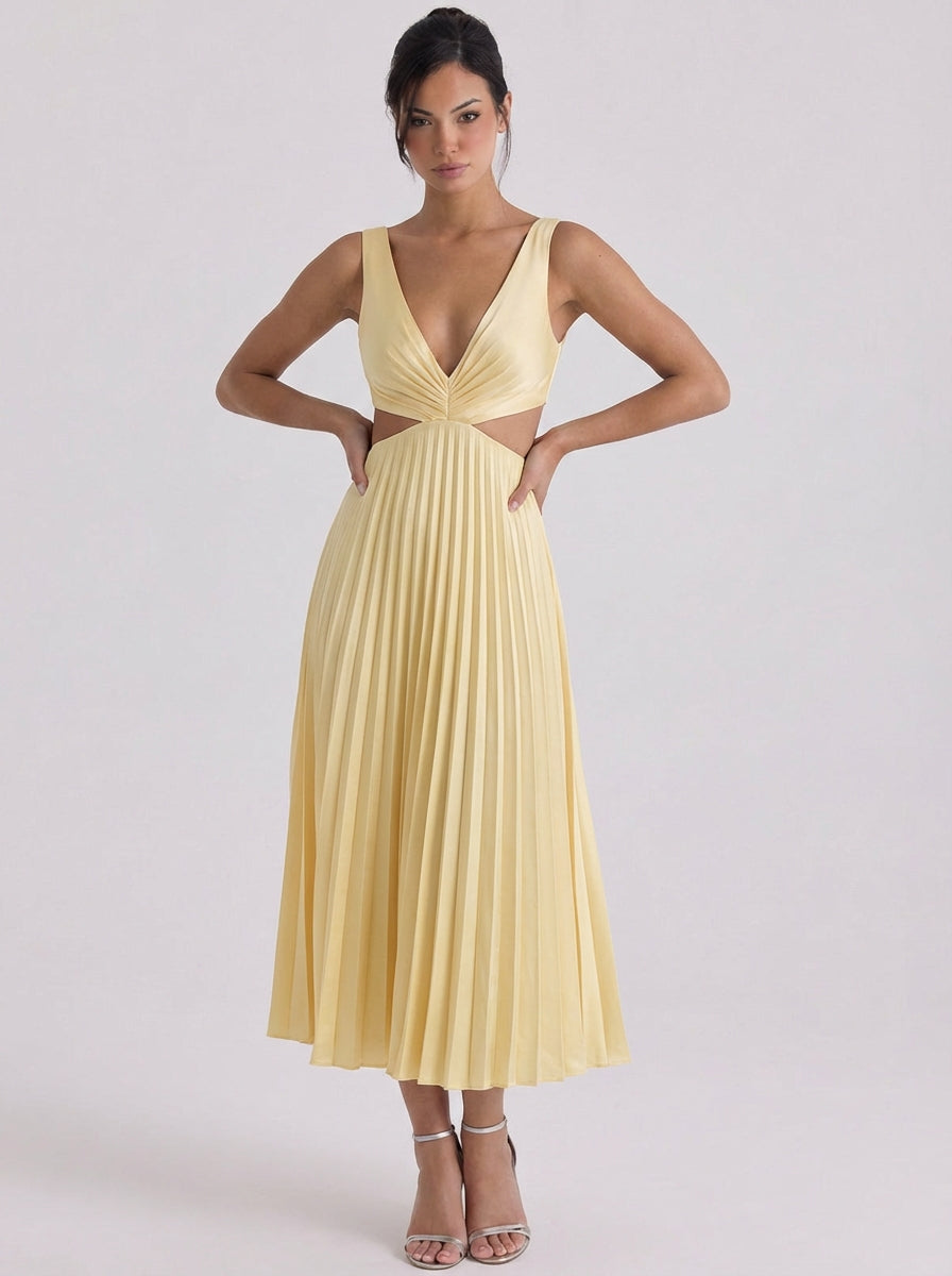 Stacey | Satin Pleated Cutout Midi Dress