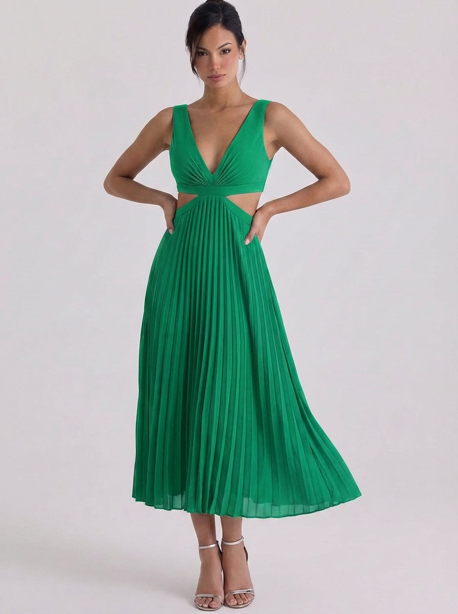 Stacey | Satin Pleated Cutout Midi Dress