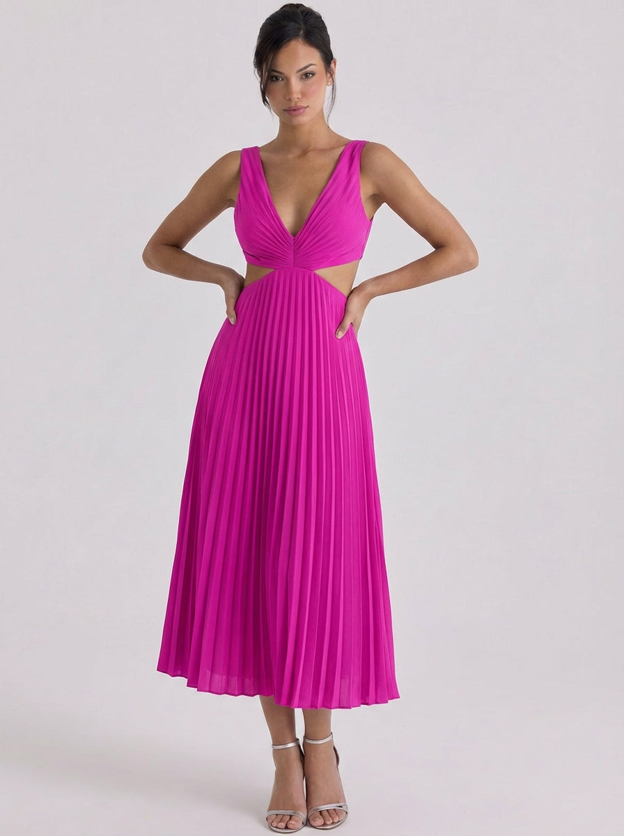 Stacey | Satin Pleated Cutout Midi Dress