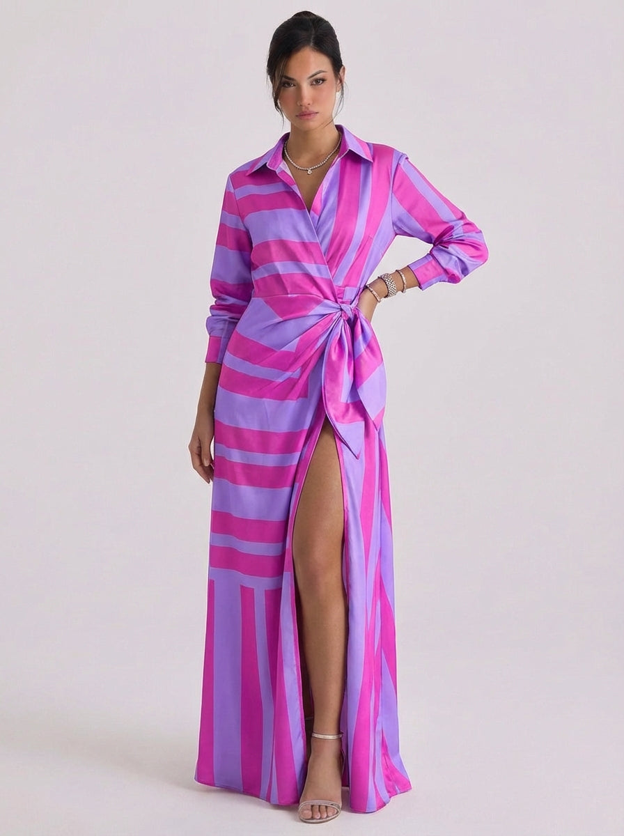 Freya | Satin Stripe Print Collar Wrap Maxi Dress Long-Sleeve High-Slit