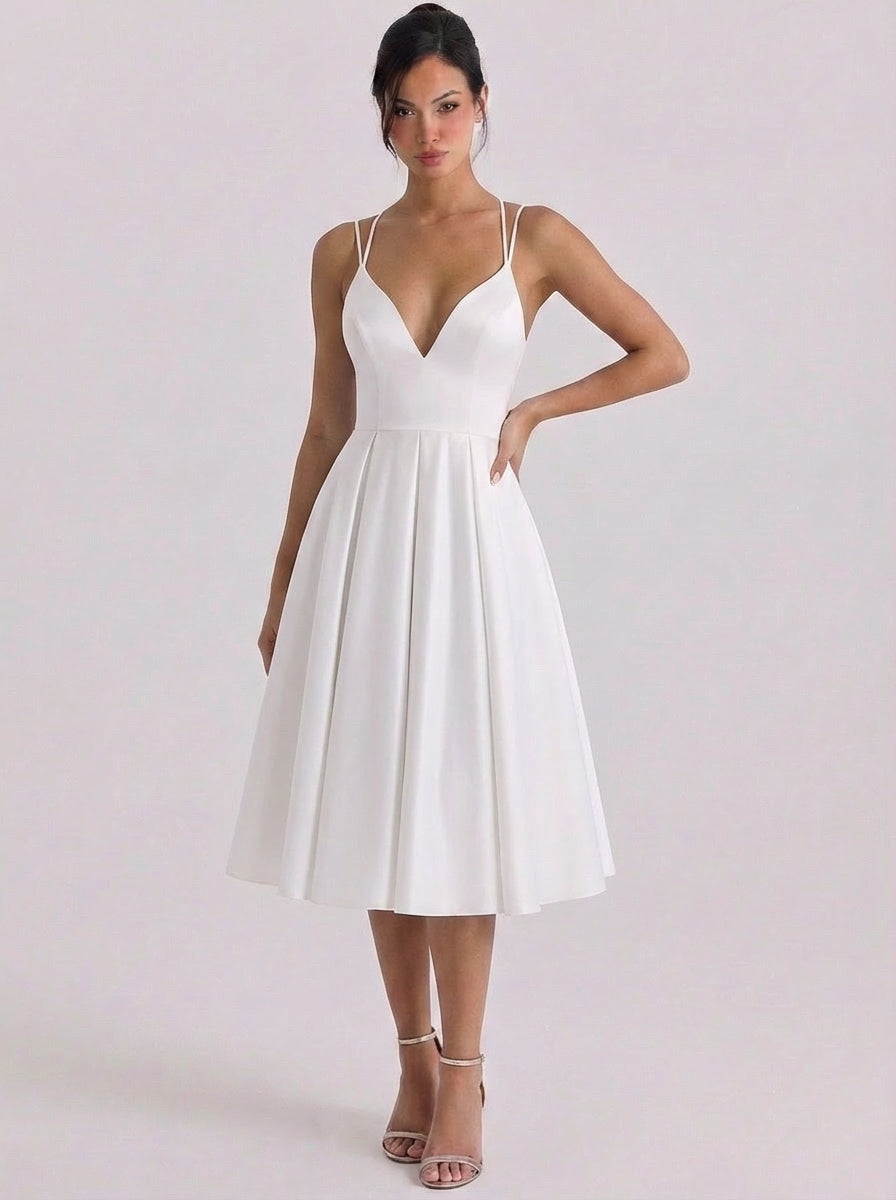 Wren | Satin Sweetheart Neckline Fit And Flare Dress Pleated Skirt Double Strap