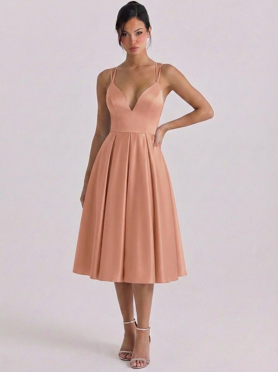 Wren | Satin Sweetheart Neckline Fit And Flare Dress Pleated Skirt Double Strap