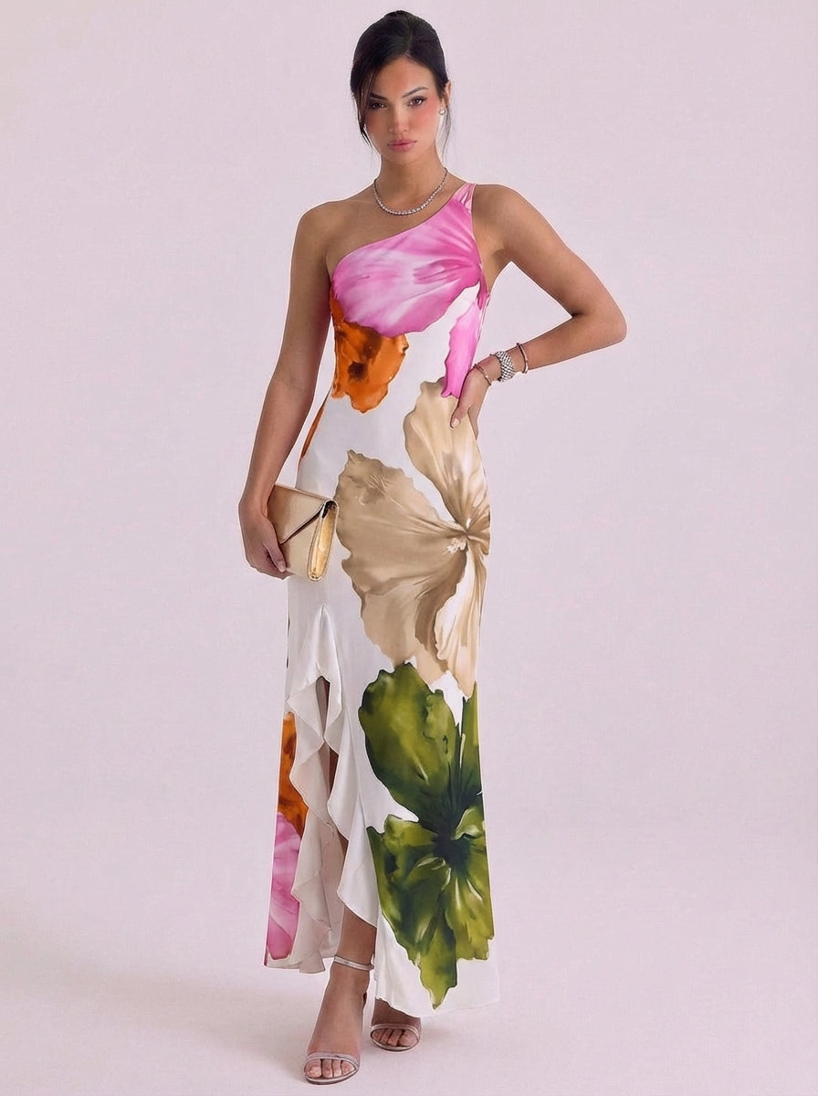 Heidi | Satin Watercolor Print One-Shoulder Maxi Dress Asymmetric
