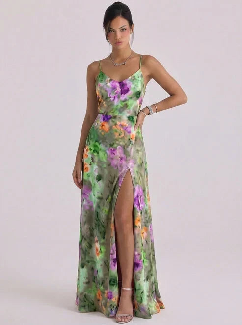 Thea | Satin Wrap Floral Maxi Dress High-Slit Cami