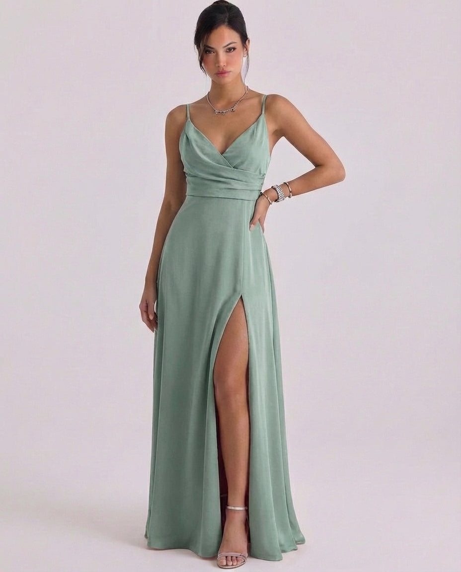Daisy | Satin Wrap Maxi Dress High-Slit Cami Strap