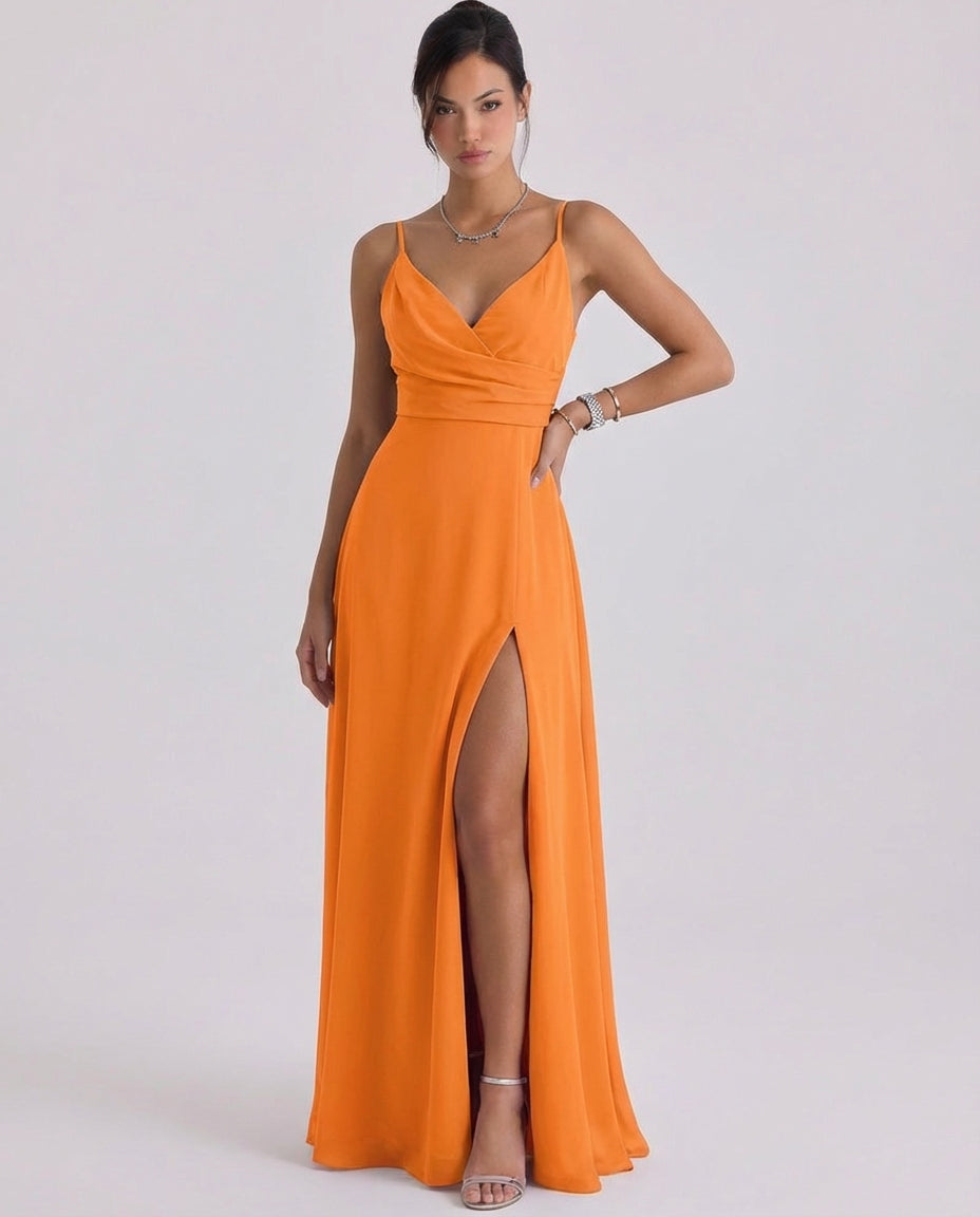 Daisy | Satin Wrap Maxi Dress High-Slit Cami Strap