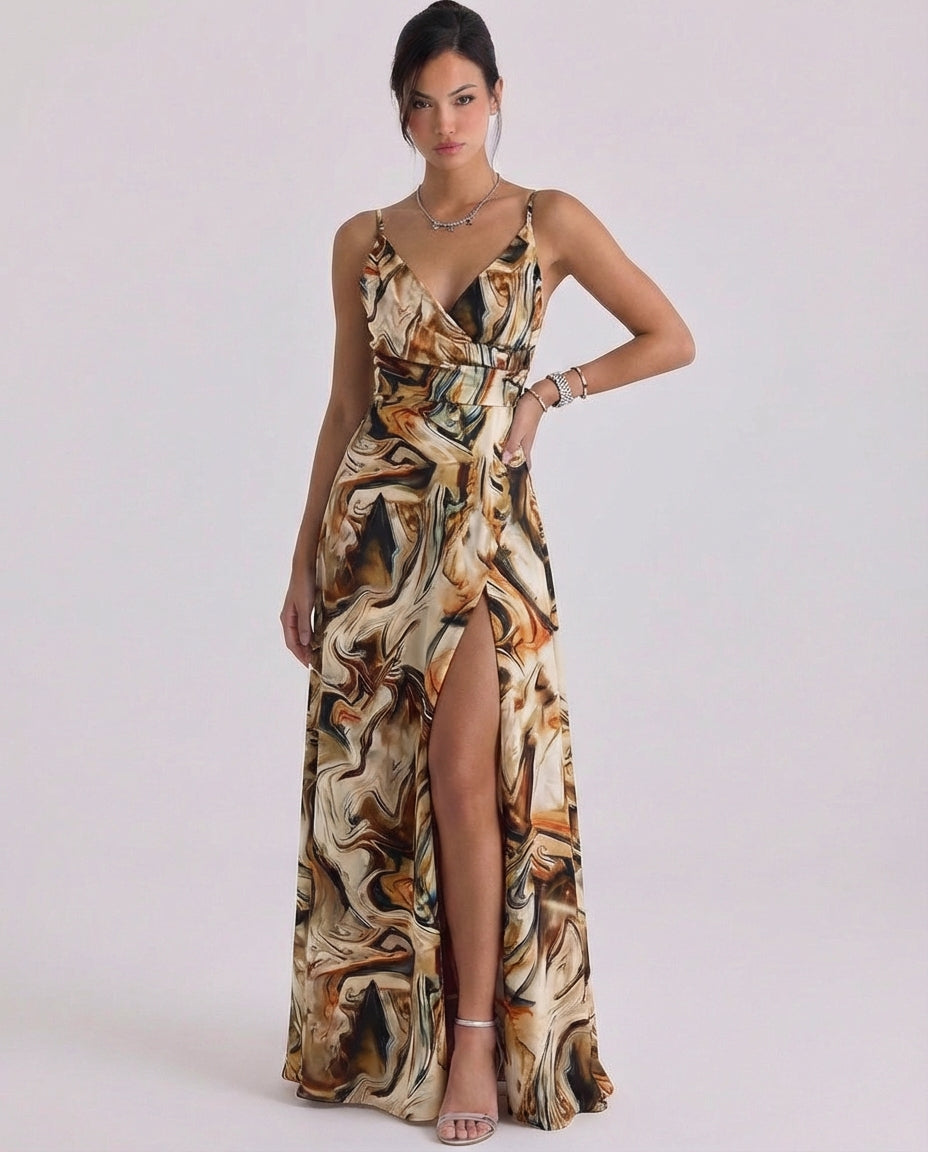 Daisy | Satin Wrap Maxi Dress High-Slit Cami Strap