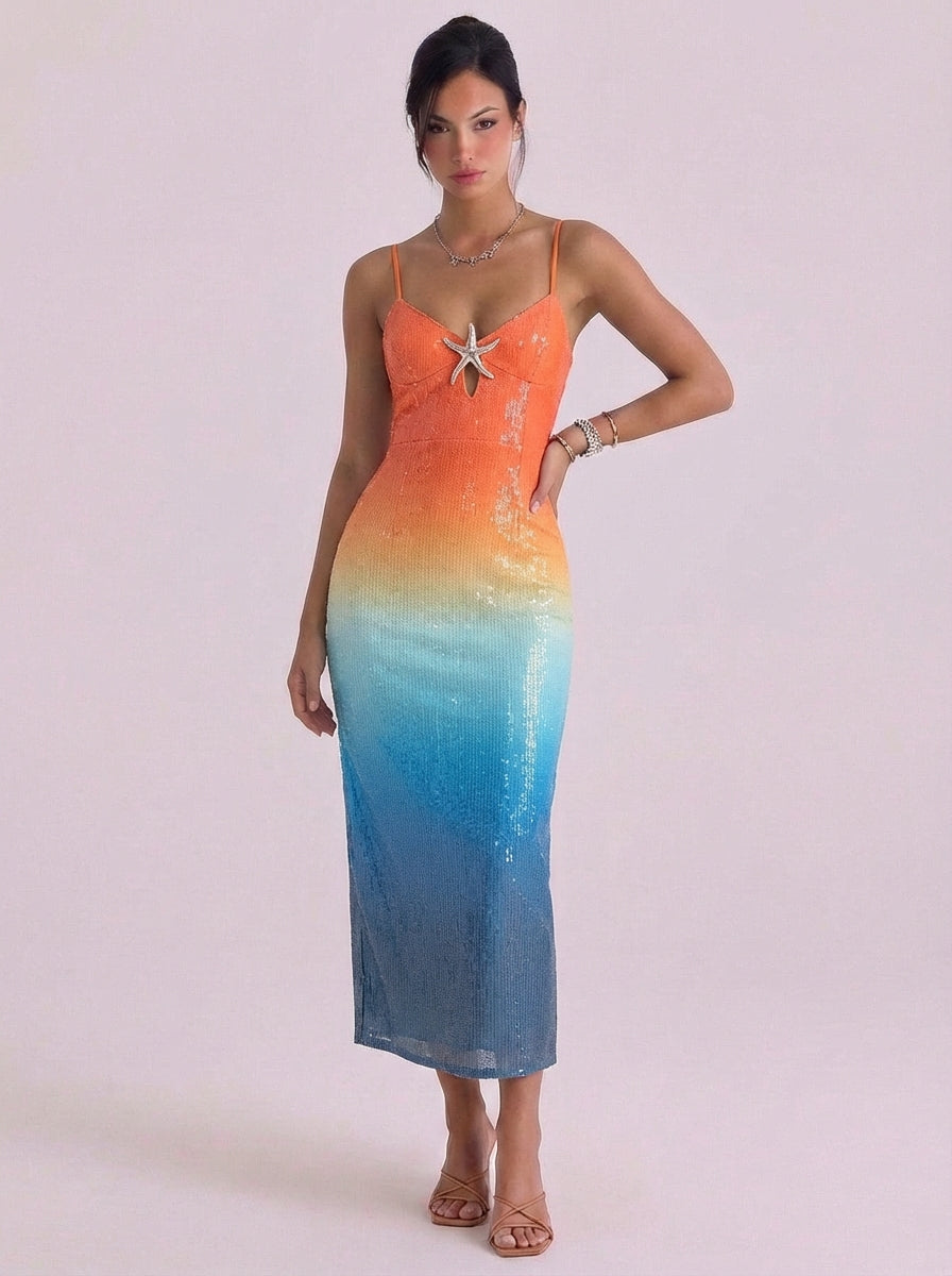 Mandy | Sequin Ombre Slip Midi Dress With Starfish Detail
