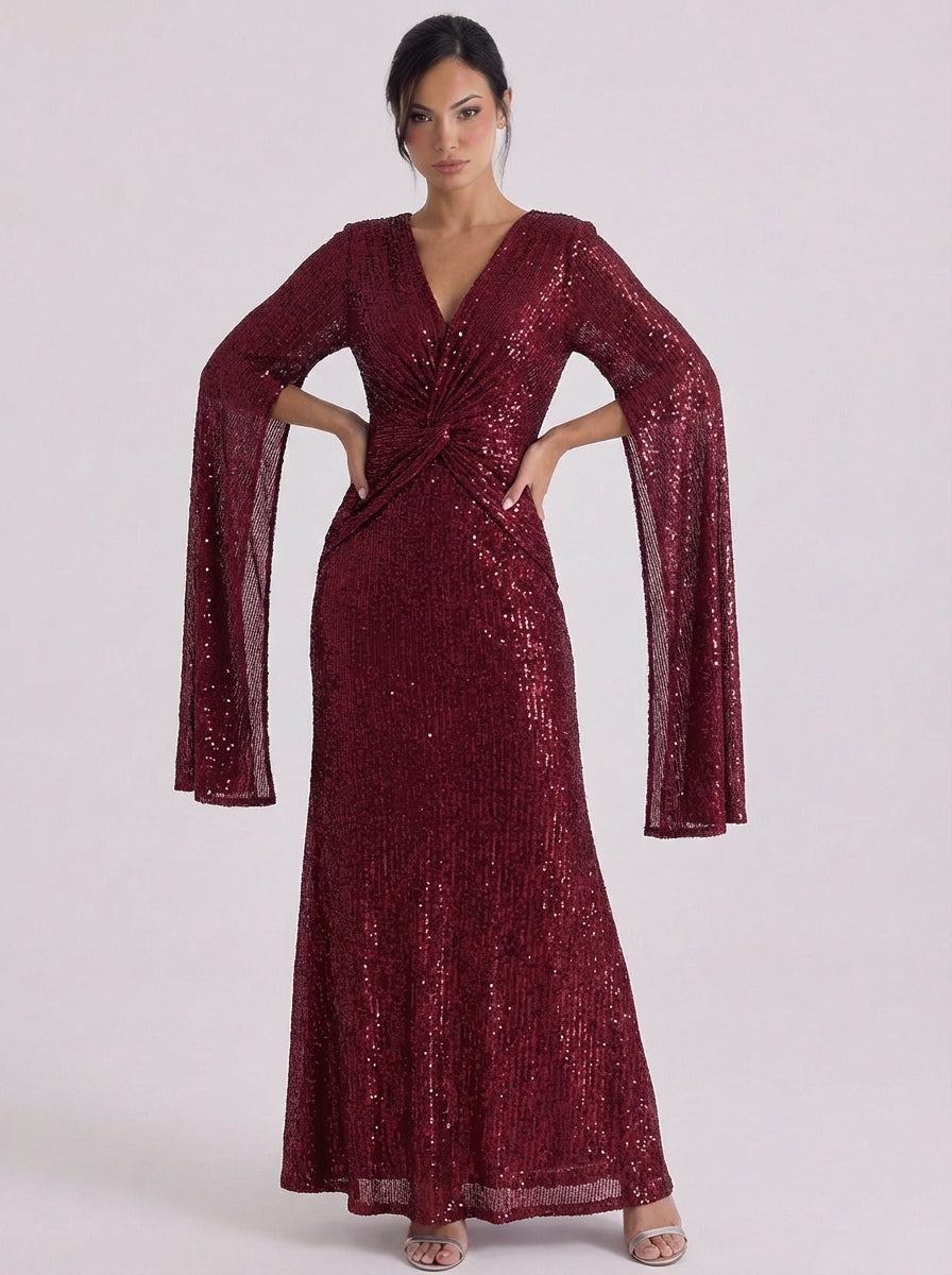 Lara | Sequin Twist Front Maxi Gown Bell Sleeve