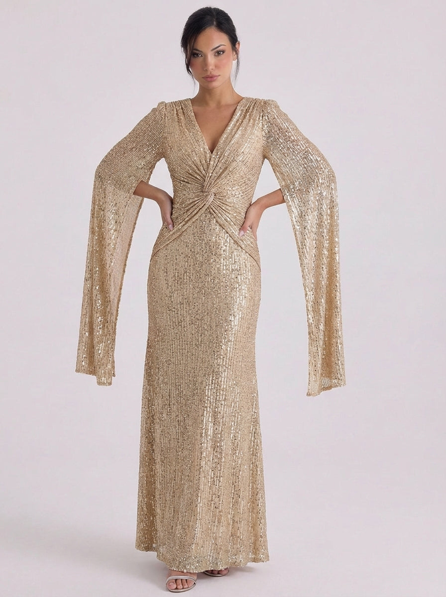 Lara | Sequin Twist Front Maxi Gown Bell Sleeve