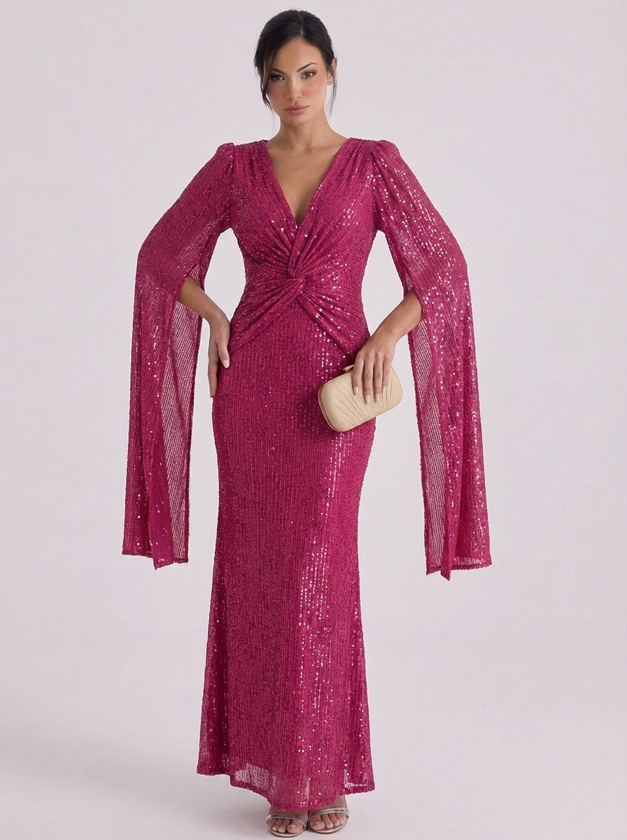 Lara | Sequin Twist Front Maxi Gown Bell Sleeve