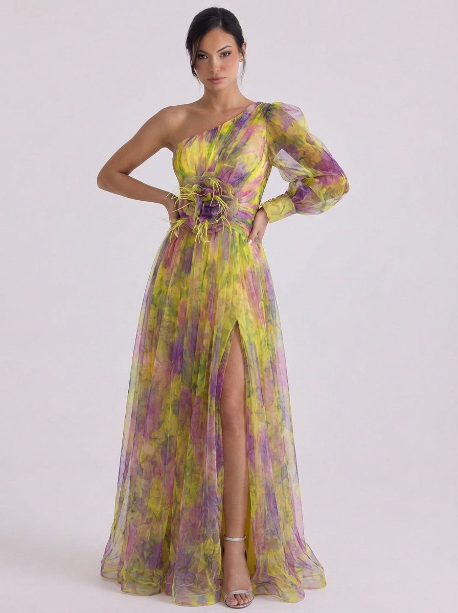 Callie | Tulle One-Shoulder Ombre Maxi Dress With Rosette Belt