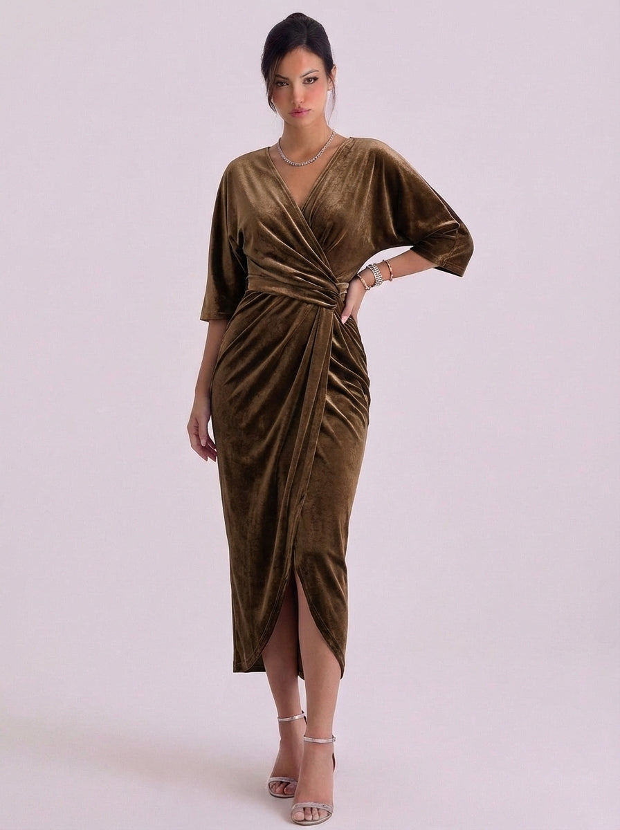 Ava | Velvet Wrap Midi Dress With Kimono