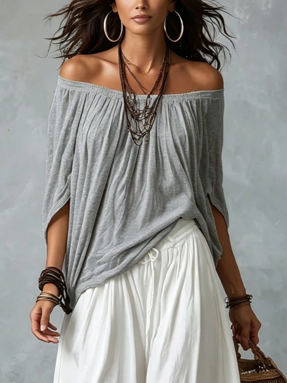 Grey Off-shoulder Top And White Loose-fitting Lantern Pants Suit