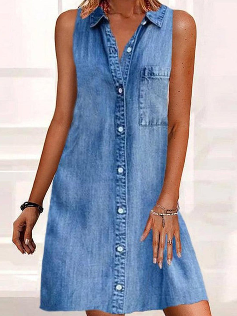 Darcy | Washed Denim Button-Front Sleeveless Mini Dress