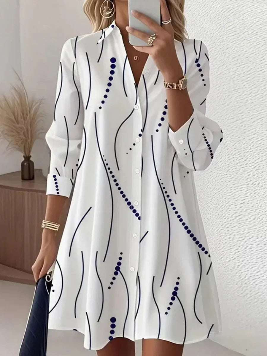 White Abstract Print Long Sleeve Mini Dress
