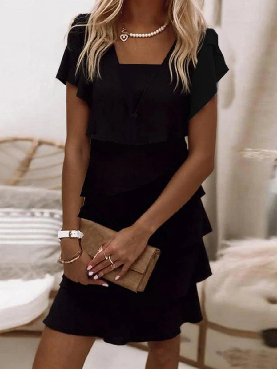 Onyx | Square Neck Short Sleeve Plain Black Mini Dress