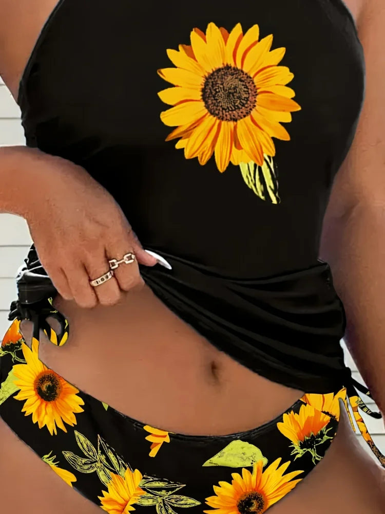 Soleado | Conjunto de tankini halter de girasol que cubre el vientre