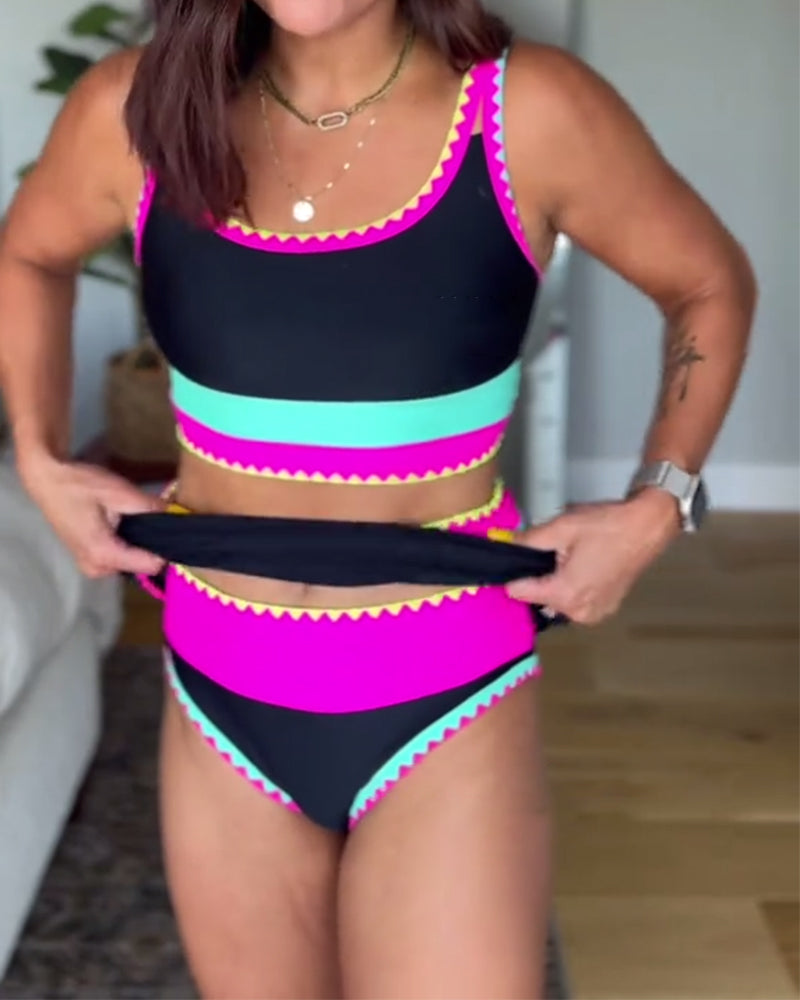 Myra | Elegante traje de baño de tres piezas con bloques de color