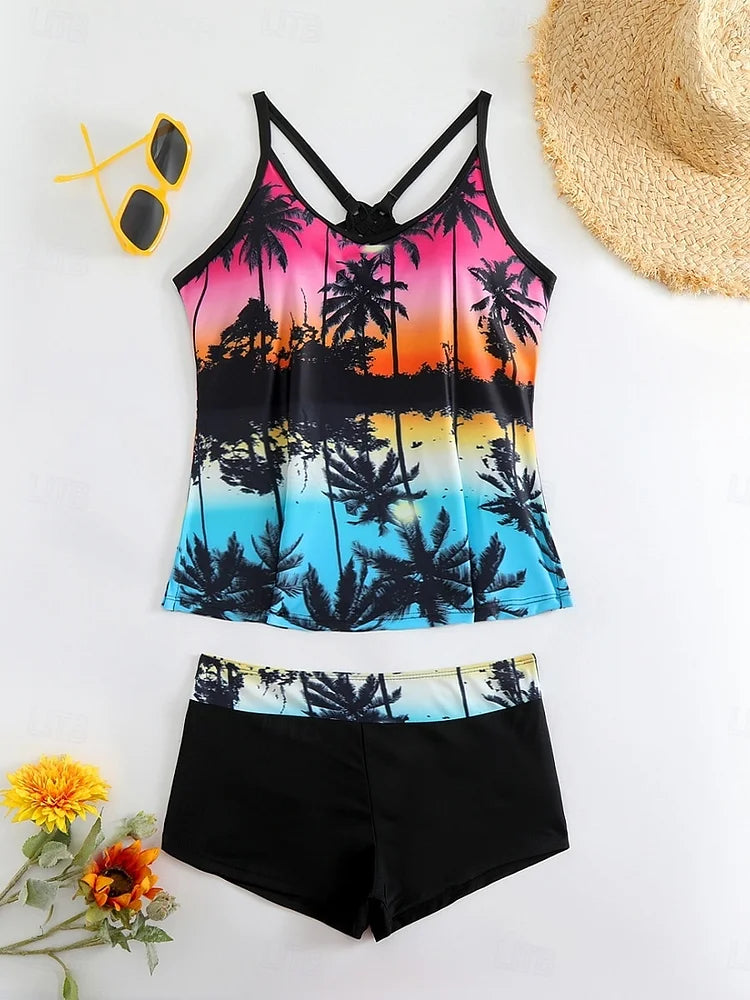 La Habana | Conjunto de tankini con estampado tropical y shorts de baño