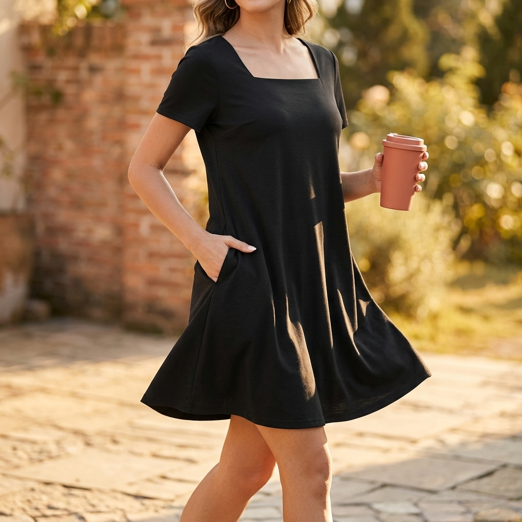 Daylyn™ – Square Neck Jersey Mini Dress with Pockets