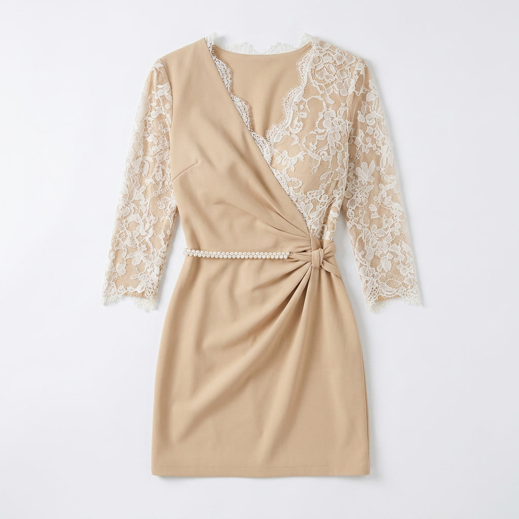 Lusara™ – Pearl Belted Lace Sleeve Mini Dress