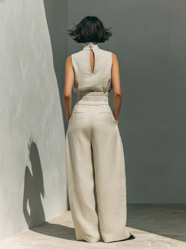 Lynette™ | High-Neck Cotton Top & Wide-Leg Trouser Set