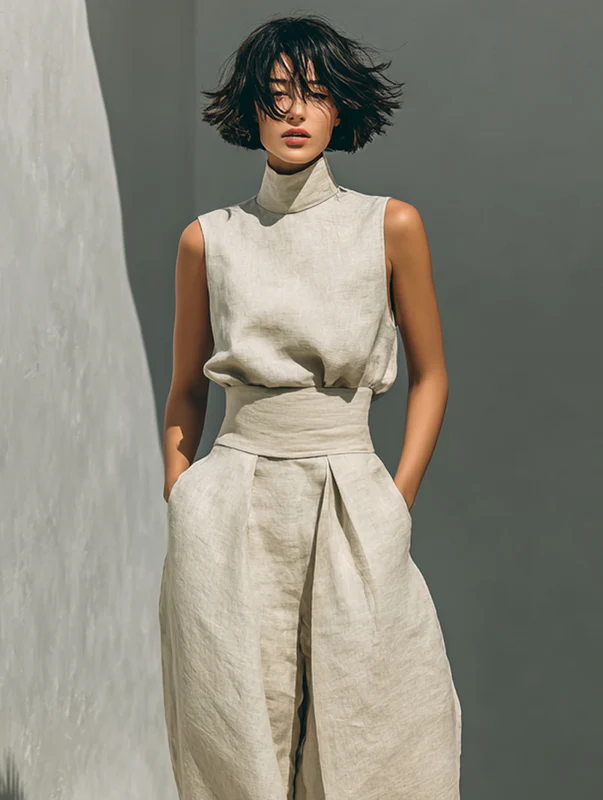 Lynette™ | High-Neck Cotton Top & Wide-Leg Trouser Set