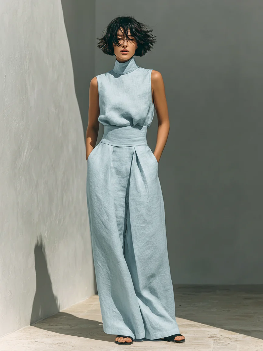 Lynette™ | High-Neck Cotton Top & Wide-Leg Trouser Set