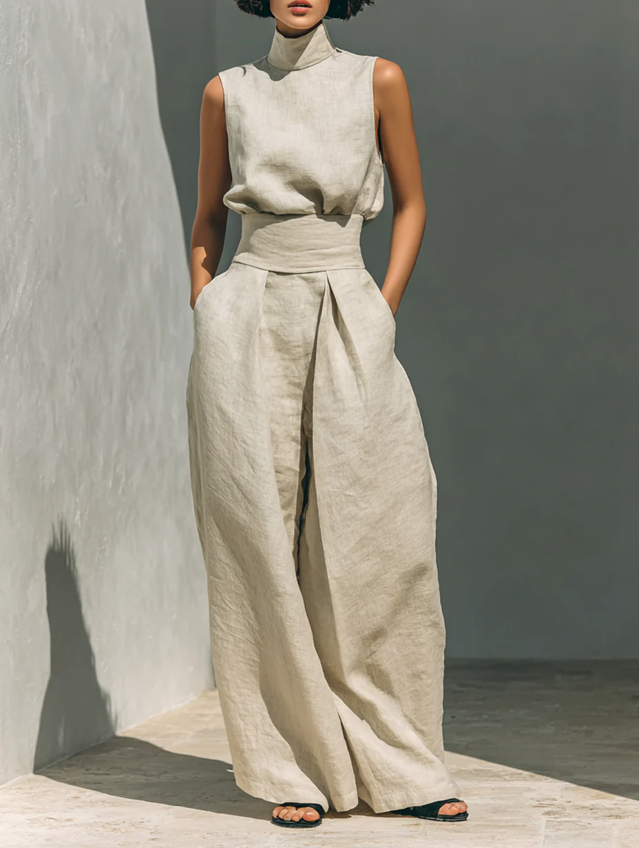 Lynette™ | High-Neck Cotton Top & Wide-Leg Trouser Set